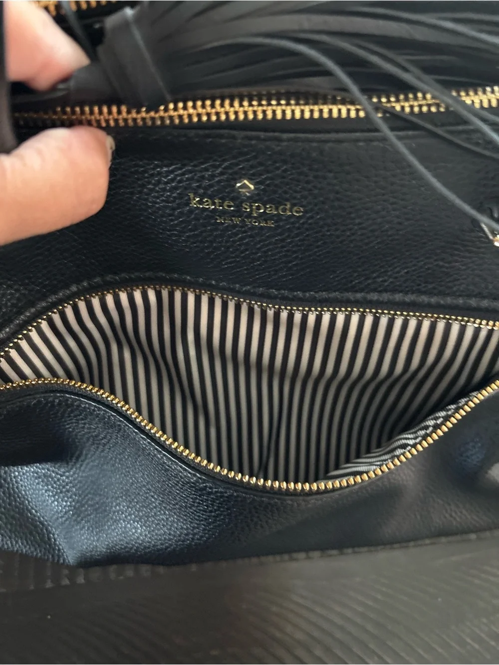 kate spade Black Pebbled Leather Tote with Tassel and Gold Hardware